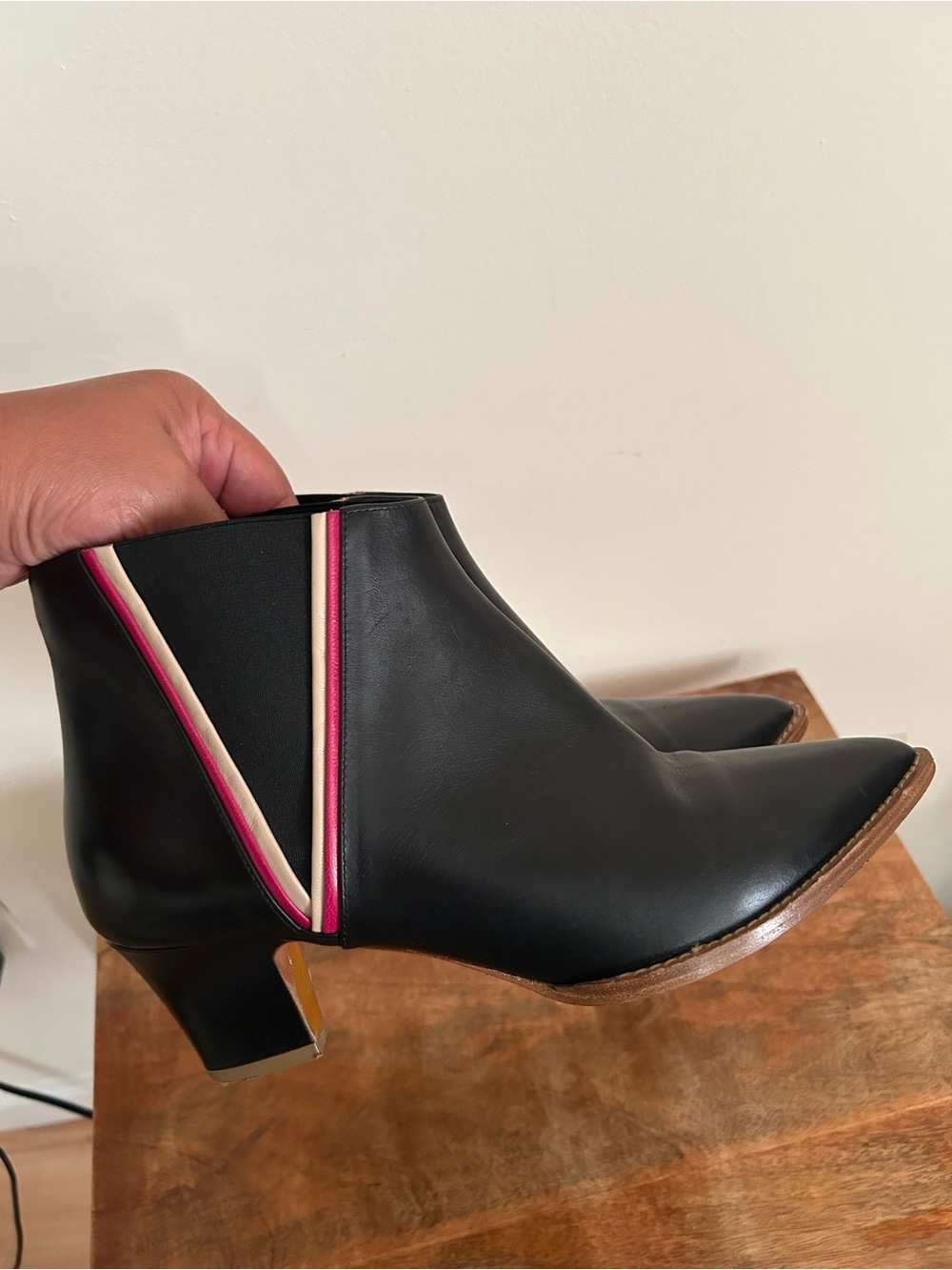 Rupert Sanderson Black Leather Ankle Boots with Pink and Cream Stripe